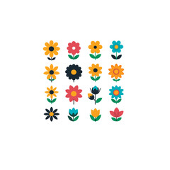 A collection of sixteen colorful floral designs on a white background