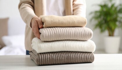 Woman Arranging Stacked Knitted Sweaters On Table