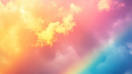 A pastel sky gradient with fluffy clouds and a hint of rainbow after the rain