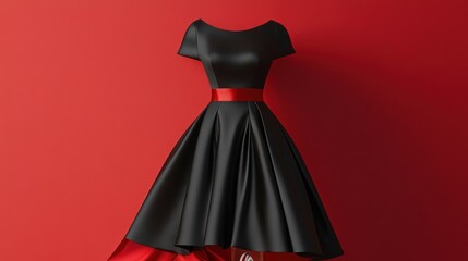 Elegance embodied: a black satin dress with red accents against a ruby background