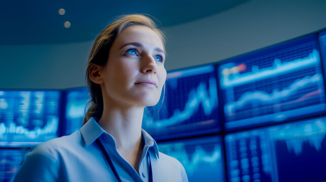 Woman observing financial graphs on multiple screens in high-tech office environment. Bright blue tones illuminate workspace. Concept of finance, data analysis, business intelligence
