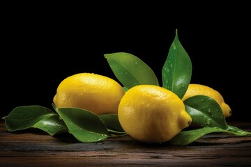 Vibrant yellow lemons with green leaves, glistening with water droplets, sit on a dark, rustic wooden surface against a black background