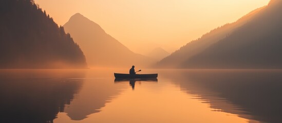 Solitary canoeing on a tranquil lake at dawn surrounded by mountains