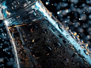 A close-up shot of a glass bottle containing cool water. Generative AI
