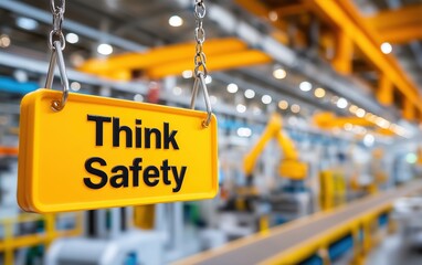 Yellow hanging sign with “Think Safety” text in an industrial factory, emphasizing workplace awareness and proactive safety measures.