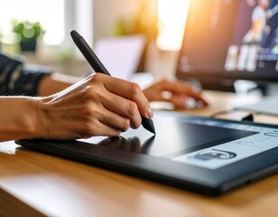 Woman Using Digital Drawing Tablet With Stylus