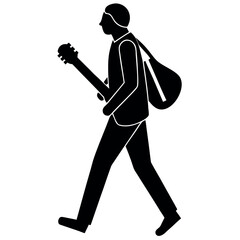 Musician walking with guitar and bag silhouette icon
