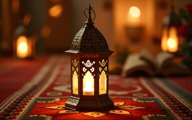 Islamic decoration with lantern  crescent moon  and religious events. High quality
