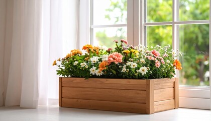 Colorful Flower Arrangement In Wooden Window Box