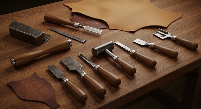 Leather craft tools. With leather sheets, tools. Highlights the leather craft process. Perfect for craft blogs