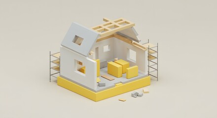 Modern House Construction 3D Render of a House Under Construction, Showing the Detailed Stages of Building a Home