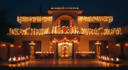 Magnificent Nighttime Illumination of a Lavish Residence Adorned with Festive Lights and Traditional Decorations
