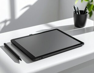 Black Tablet With Stylus On White Desk