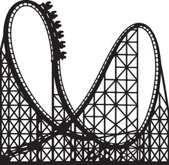 Black and White Silhouette Roller Coaster Illustration Featuring a Loop and Multiple Drops Thrilling Ride Design Graphic