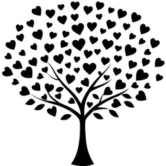 Black heart tree silhouette with many hearts as leaves