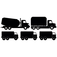 Collection of diverse black silhouette trucks on a white background