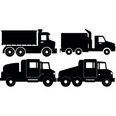 Collection of diverse black silhouette trucks on a white background