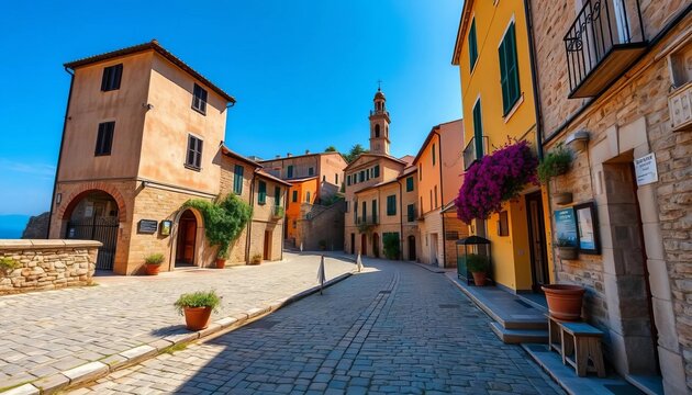 Sun-drenched cobblestone streets and ancient buildings in Triora, Liguria,  walls,  mountains