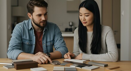 Couple Collaboratively Choosing Interior Design Elements Color Swatches and Materials