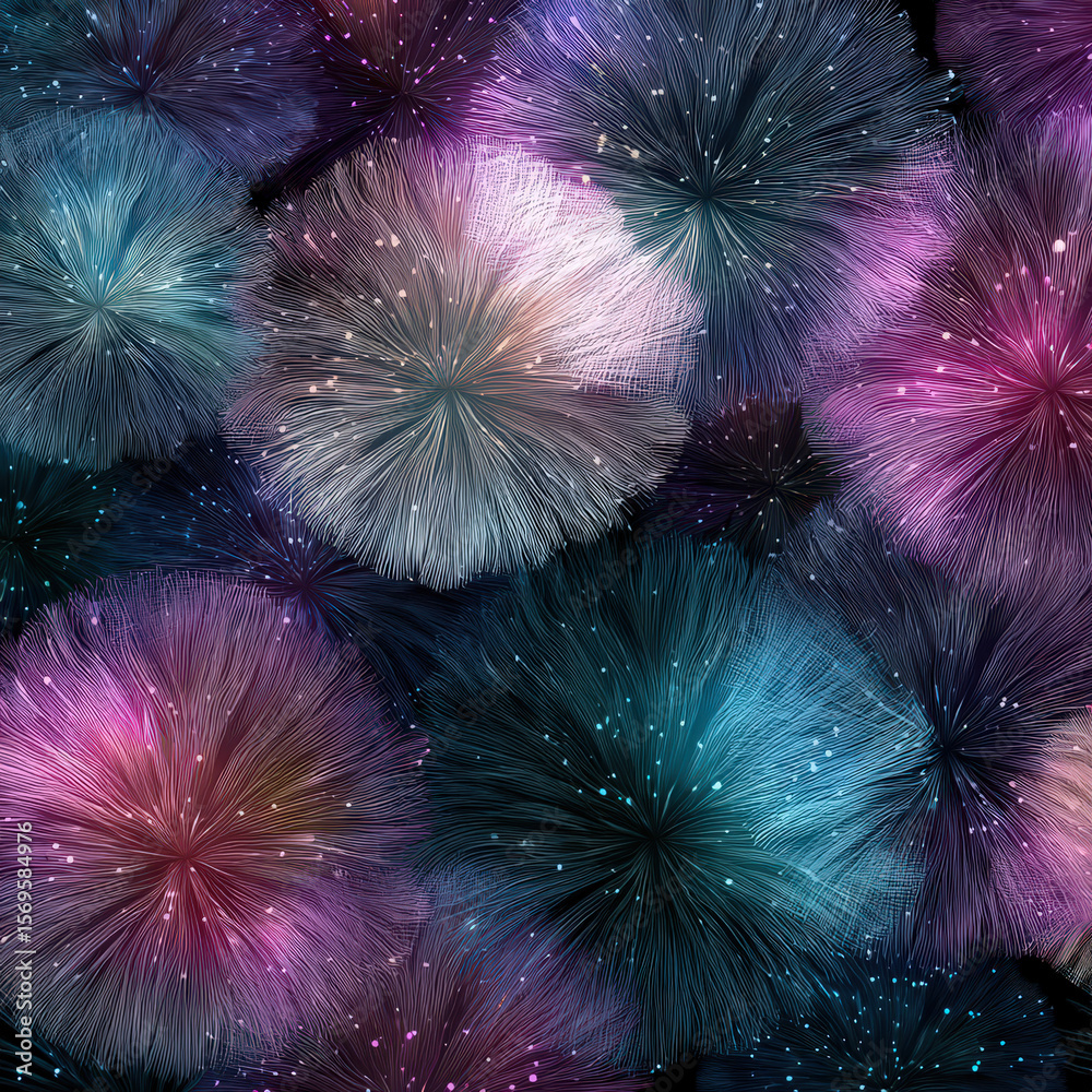 Poster abstract seamless pattern of colorful star clusters resembling explosive fireworks in dark backgroun