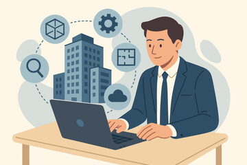 BIM Building Information Modeling concept for AEC industry. Architect using computer software for construction management, 3D modeling, and digital planning on a virtual screen.
