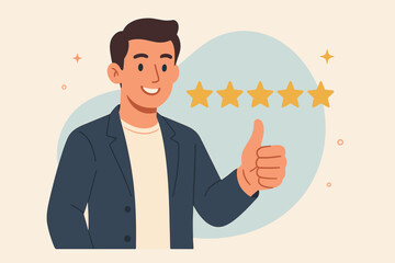 Customer satisfaction concept. Five star rating. Positive feedback. Excellent user experience. Happy man giving thumbs up. Quality service review. Client testimonial. Success.