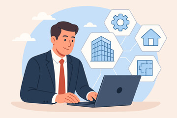 BIM building information modeling technology concept. Businessman or architect working on laptop with virtual icons. Construction engineering project management and digital software.