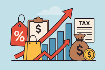 Concept of inflation, rising interest rates and economic growth. Business graph showing increased taxes, sales discount percentage and financial report with money bag vector.