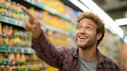 Shopping Delight: A cheerful shopper, radiating positivity, points towards the items on a supermarket shelf. Capturing the vibrant essence of daily life.
