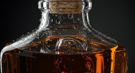 Close-up of a Condensation-Covered Decanter of Aged Amber Liquid Premium Spirits Photography