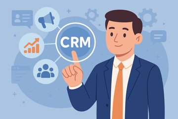 CRM concept. Customer relationship management software system for sales, marketing automation and client support. Businessman touching virtual dashboard interface. Vector.