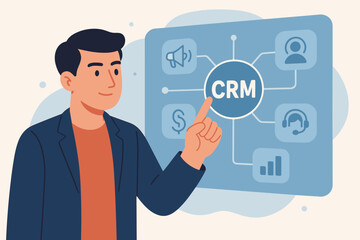 Customer Relationship Management concept. CRM system for sales, marketing, data analytics, and customer support. Businessman interacting with virtual interface. Business automation.