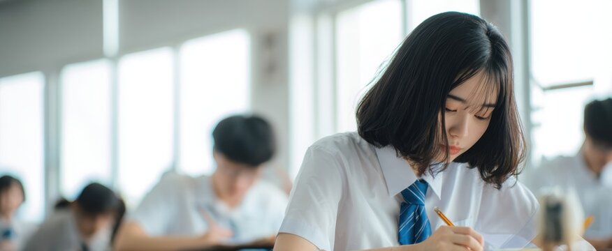 The student focused on her exam in a bright, modern classroom setting.