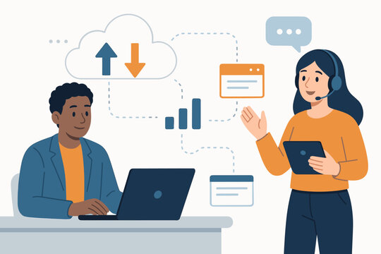 IT helpdesk operator with headset providing technical support to a user. Cloud computing services for data transfer and analysis. SaaS business solutions vector concept.