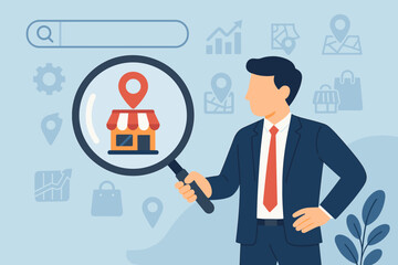 Local SEO strategy and search optimization concept. Businessman with magnifying glass focusing on a local business, store, or shop. E-commerce and retail location marketing.