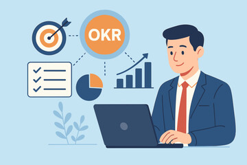 OKR Objectives and Key Results concept. Businessman using laptop for goal setting, company strategy, performance tracking and measuring success. Business management framework.