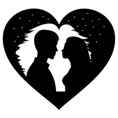 Silhouette of a couple gazing at each other within a heart shape