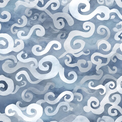 Fototapeta premium Abstract Seamless Pattern Featuring Thai-Inspired Swirls in Soft Blue and White Tones for Textiles and Designs