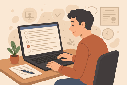 Online exam and education concept. Man at desk using laptop to take a test, quiz or answer a questionnaire. E-learning, assessment, evaluation, and distance learning vector.