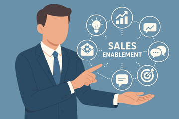 Fototapeta premium Sales enablement strategy concept. Business marketing technology. Strategic sales promotion. Increase sales efficiency. Businessman presenting sales enablement icons virtual screen.