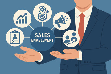Sales enablement concept, business marketing strategy, technology innovation, strategic sales promotion, efficiency growth, professional management, virtual icons