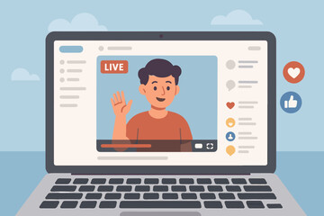 Live streaming social media interaction on laptop screen, online video broadcast, digital communication, audience engagement, modern flat vector illustration, internet technology
