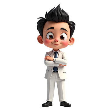 3d Cartoon man in white suit with arms crossed isolated on transparent background