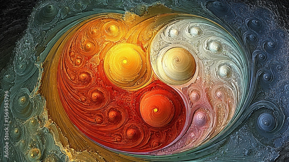 Poster Abstract colorful swirling yin and yang symbol with vibrant warm and cool tones in fluid art style with intricate swirl patterns and luminous highlights