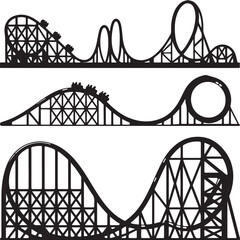 Three Black Silhouette Roller Coaster Track Designs with Cars Amusement Park Ride Vector Illustration
