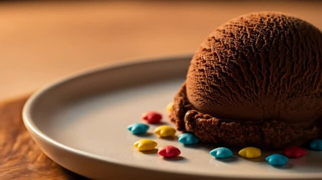 Close up detailed video of a chocolate dessert sphere with colorful candy decorations on a ceramic