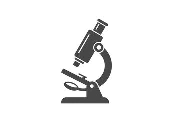 A simple graphic illustration of a dark gray microscope on a white background in vector format