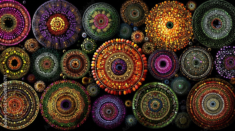 Poster Vibrant colorful illuminated circular patterns in a dark background creating a mesmerizing mesmerizing mosaic of intricate symmetrical designs and abstract art