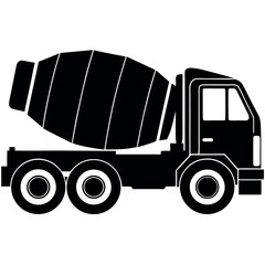 Black and white silhouette of a concrete mixer truck on a white background.