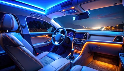 Modern Luxury Car Interior At Night With Illuminated Blue And Orange Lights